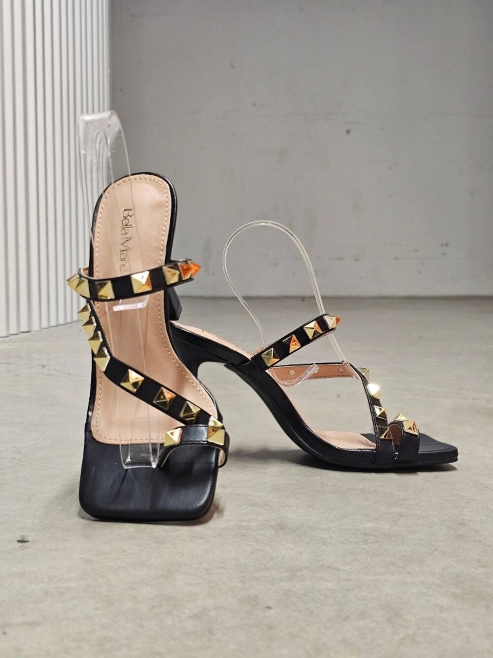 Black Studded High Heel Sandals With Straps And Square Toe Design For Women